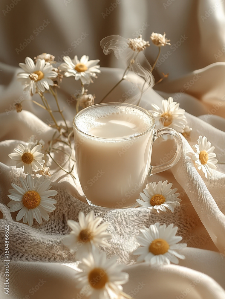 Crystal clear cup of chamomile tea surrounded by delicate daisies, evoking serene atmosphere Crystal clear cup of chamomile tea surrounded by delicate daisies, evoking serene atmosphere