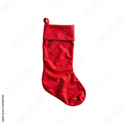 Image vibrant red christmas stocking with classic loop hanging against a transparent background..