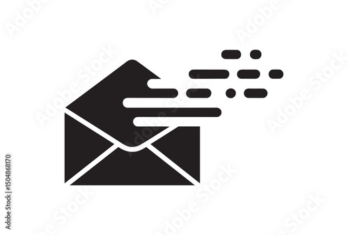 A simple, black and white icon of an envelope with a stylized, fast-moving effect, suggesting rapid email delivery or instant messaging.