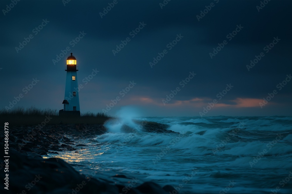 Obraz premium Dramatic Coastal Lighthouse at Dusk with Stormy Sea and Glowing Beacon.