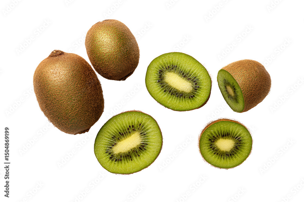 Fototapeta premium Golden kiwi half with vivid yellow pulp isolated on transparent background, ideal for smoothie-bowl nutrition graphics