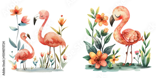 cute flamingo with flowers watercolor vector illustration