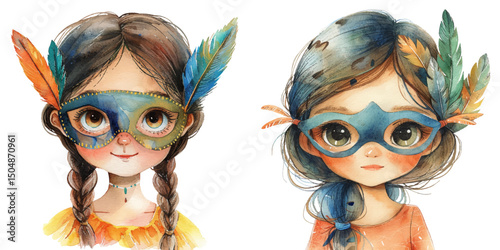 cute girl wearing feathered mask watercolor vector illustration