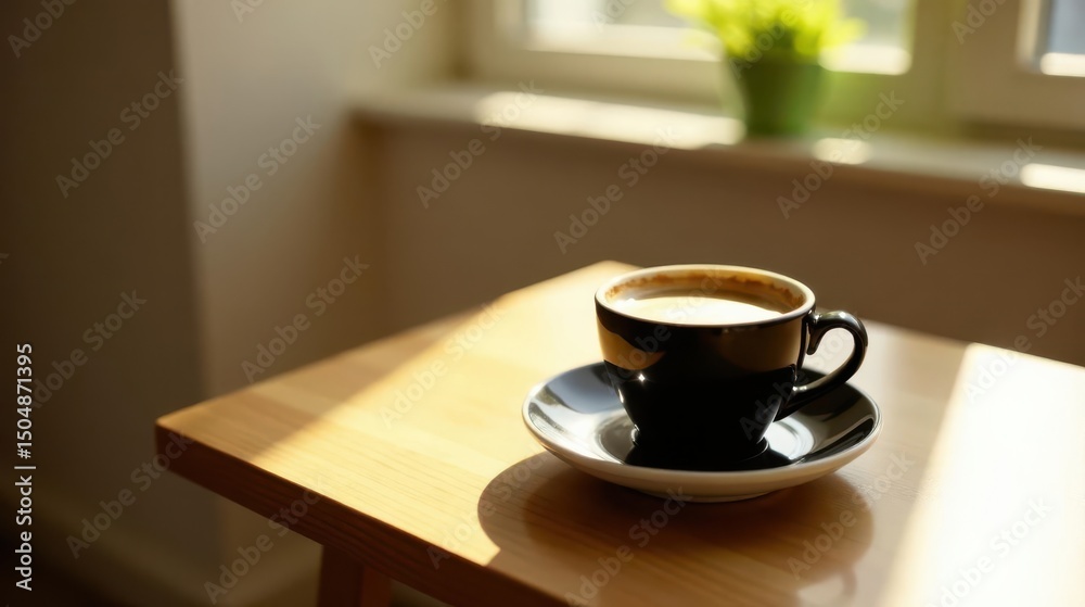 Obraz premium Morning Sunlight Illuminates a Dark Cup of Coffee Resting on a Light Wooden Table Near a Window