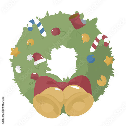 Christmas Wreath with Bells and Ornaments – Flat Vector Illustration