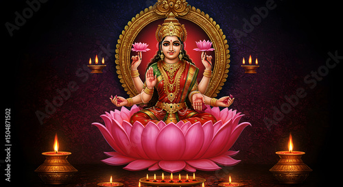 Goddess Lakshmi on Lotus Flower with Lit Lamps