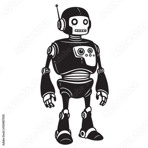 Retro robot illustration in black and white standing tall ready for adventure in a futuristic world