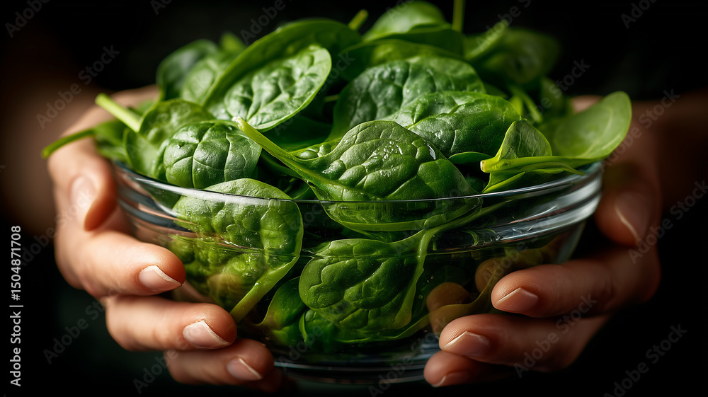 Fototapeta premium Fresh spinach leaves in glass bowl, held gently with care