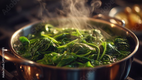 Fresh spinach being boiled in pot on stove, creating delightful aroma