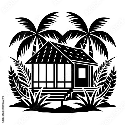 tropical island and beach house line art silhouette vector illustration on white or transparent PNG background