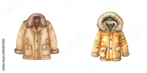 fur-lined coat watercolor vector illustration