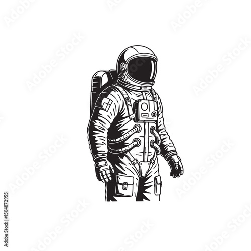 Black and white vector illustration of an astronaut in a space suit silhouette