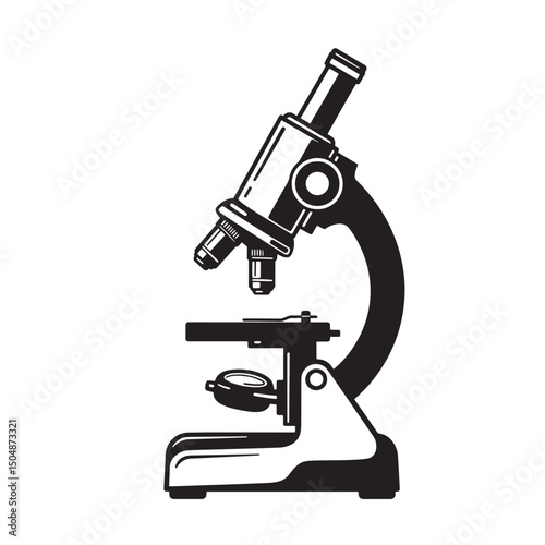 Black and white vector silhouette illustration of a scientific microscope ideal for research and educational purposes