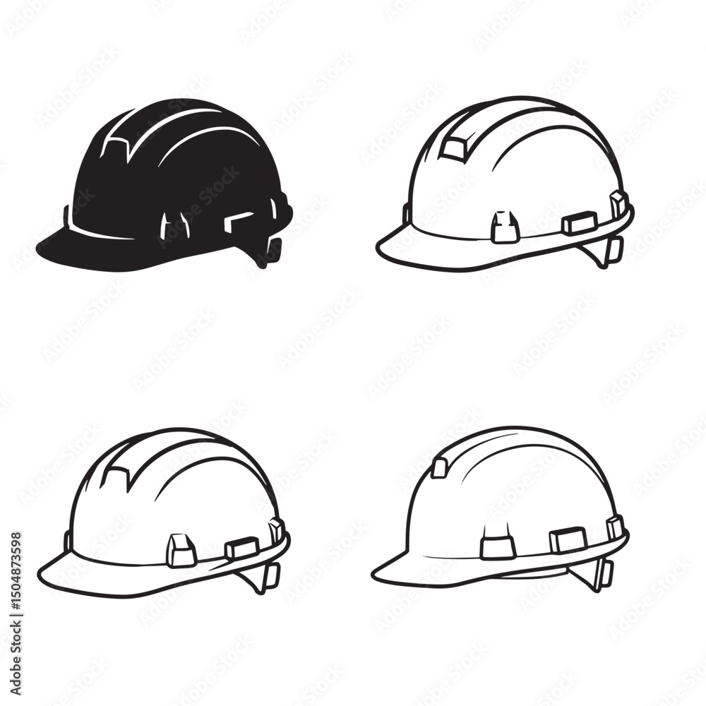 Fototapeta premium Collection of four black and white safety helmets silhouettes suitable for construction and industrial themes