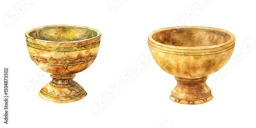 golden offering bowl watercolor vector illustration