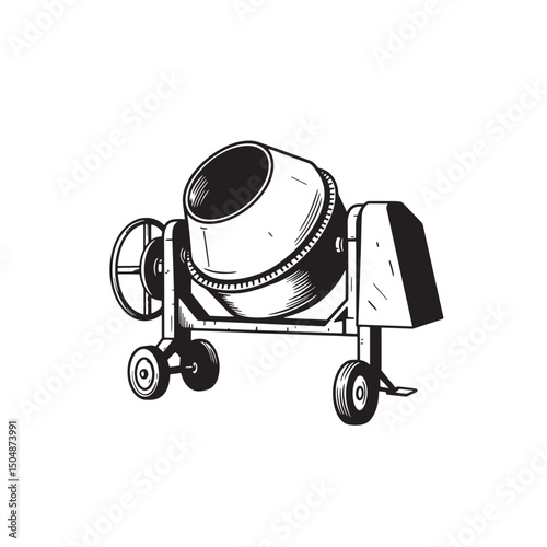 Concrete mixer construction equipment silhouette illustration in black and white