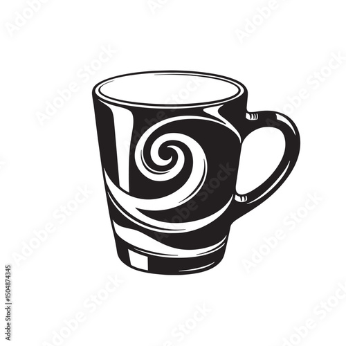 Artistic silhouette of a coffee mug with swirling design on a white background