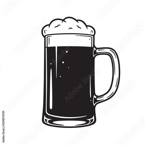 Vector silhouette illustration of a full mug of dark beer with frothy head on a white background