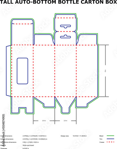 Tall auto-bottom bottle carton box diecut template