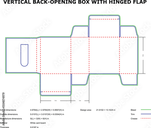 Vertical back opening hinged flap box diecut template
