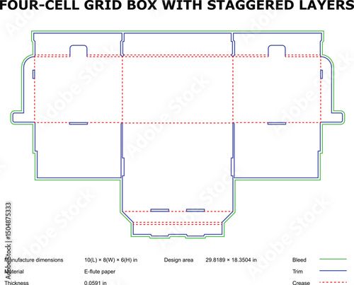 Four cell grid box packaging design diecut template staggered layers