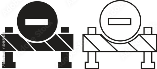 Barrier stop sign flat, line icons set. Block obstacle stripped fence with road sign. Under construction highway restricted symbol. Travel prohibited pictogram. Forbidden way on transparent background
