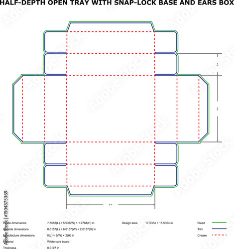 Half depth open tray box diecut template snap lock base ears
