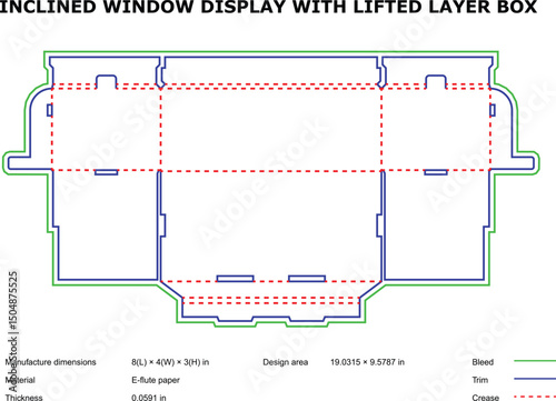 Inclined window display box diecut template lifted layer packaging design