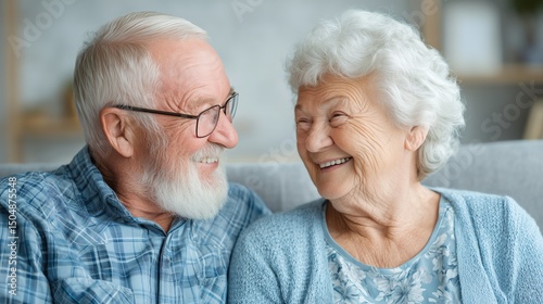 Happy elderly patient and caregiver holding hands with warm smiles, soft natural lighting, minimalist background