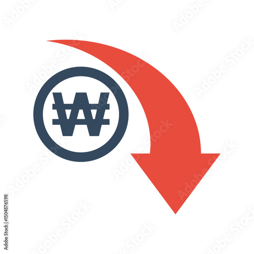 korean wan coin with red exponential down arrow, indian economic falling indicator, stock exchange market negative trend, decreased income pictogram
