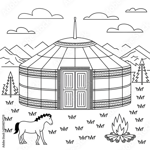 Yurt illustration vector style line drawing pencil art colouring page 