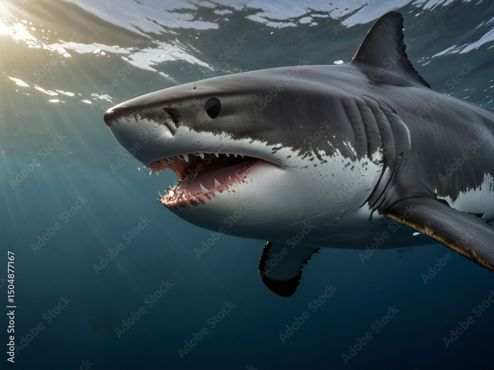 Fototapeta premium A great white shark swimming in the ocean