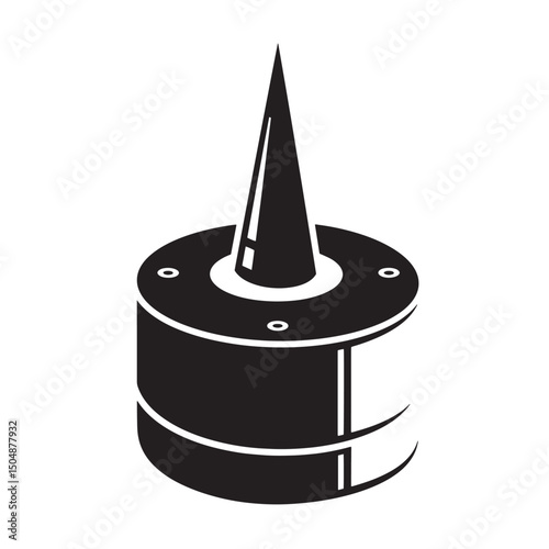 Sharp object silhouette with a conical spike and cylindrical base in monochrome.