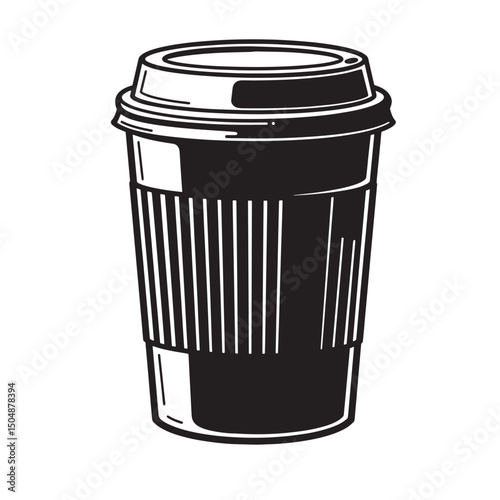 Simple monochrome illustration of a coffee to go cup with lid and sleeve silhouette