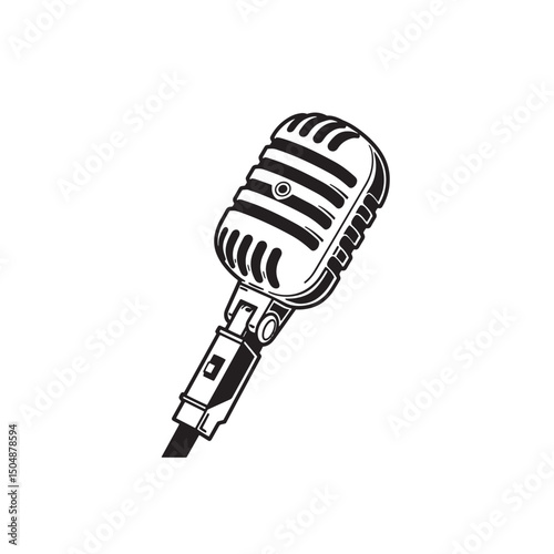 Classic microphone silhouette in black and white design for music and sound recording illustrations