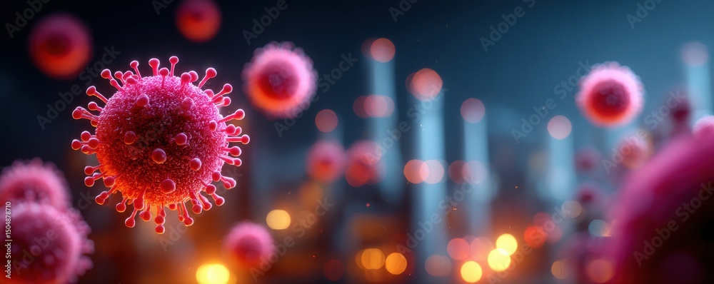 Obraz premium Close-up digital illustration of viruses floating in the air with an industrial background and bokeh lights.