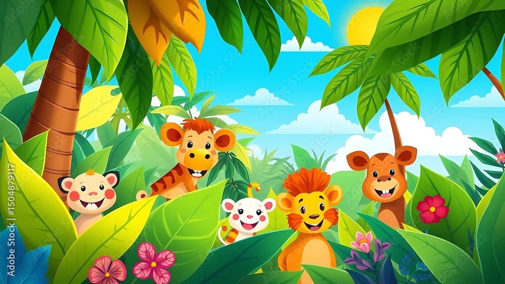 Naklejka premium Adorable cartoon animals in a lush tropical jungle paradise
