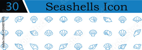 Set of 30 seashells line icon on transparent background