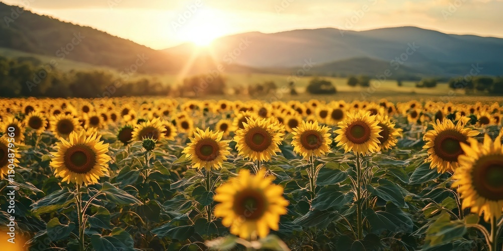 Fototapeta premium A cheerful sunflower field with mountains in the background, bathed in warm golden light
