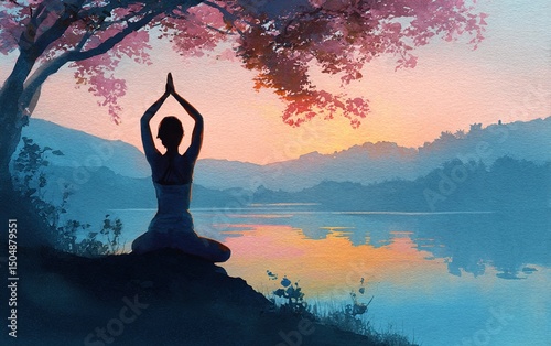 Watercolor painting illustration for International Yoga Day with a serene scene of a woman in a yoga pose. High quality