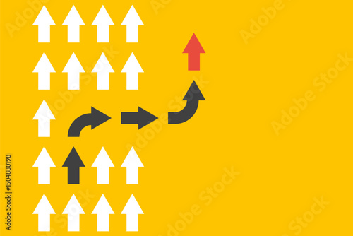white arrows group in one direction and black arrows with different way, business innovations or new strategy vector concept, follow leader illustration, change game rules