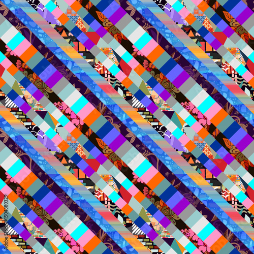 Unusual seamless checkered pattern with flowers, leaves and abstract ornament...
