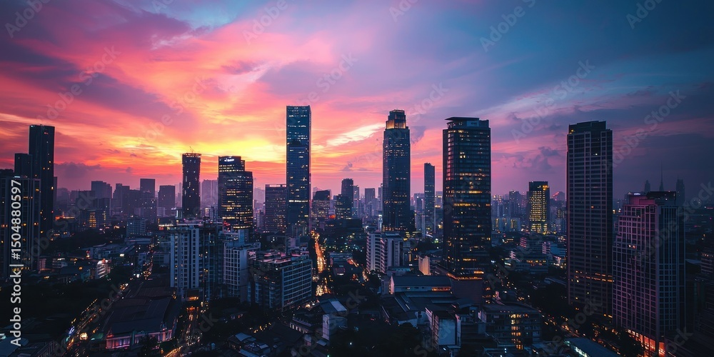 Fototapeta premium A city rooftop with a view of towering skyscrapers under a colorful sunset sky