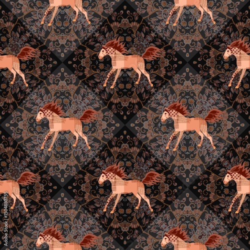 Fairytale horses on ornamental dark background seamless pattern in vector. Beautiful animal print for fabric.