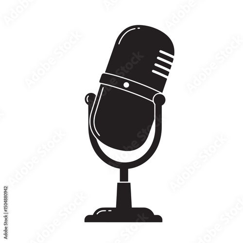 Black silhouette illustration of a vintage microphone for podcast recording broadcasting and audio production