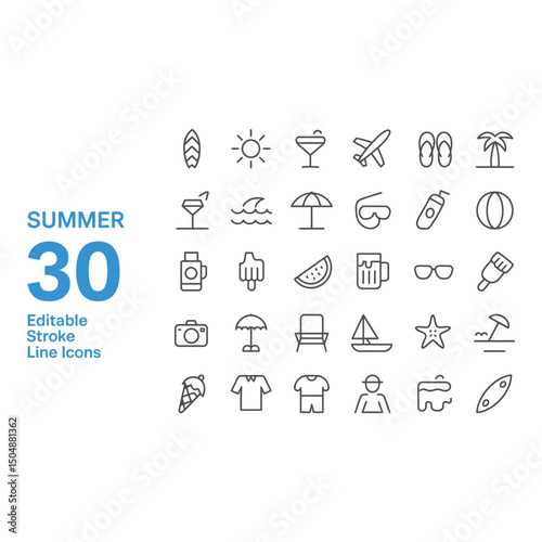 Iconic summer dreams Sun sand surf and carefree joy in thirty crisp and clean vector outline icons