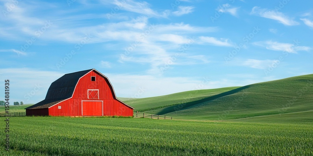 Obraz premium A classic red barn standing in a vast green pasture, with rolling hills in the background