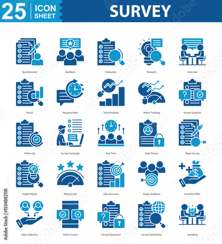 Survey icon set vector questionnaire, feedback, evaluation, research, interview, result, response rate, trend analysis, metric tracking, survey question, follow up, survey campaign, real time