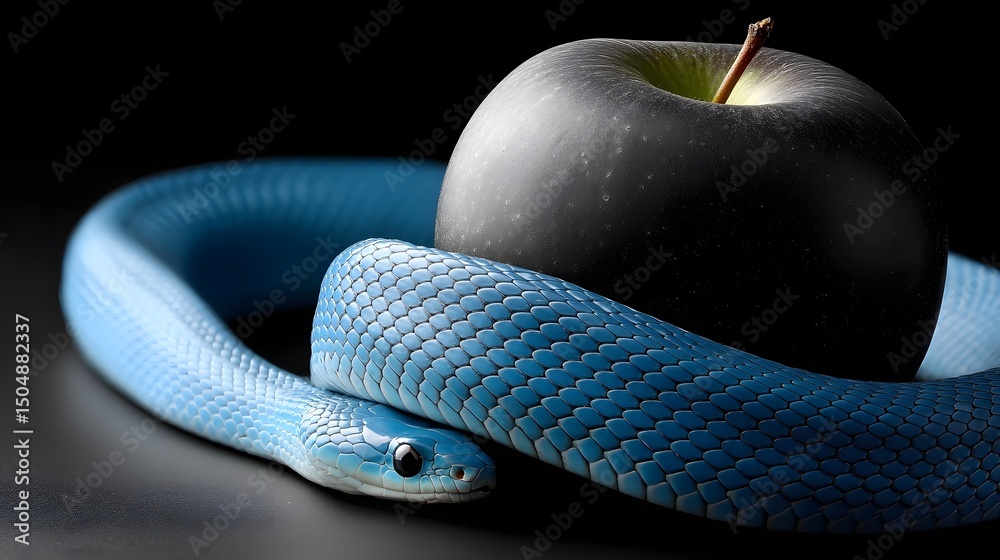 Obraz premium Ethereal Blue Snake Wrapped Around Black Apple