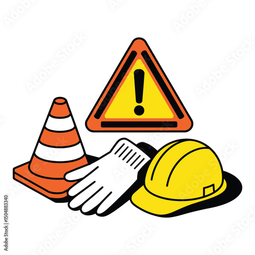 Safety first A reminder to prioritize precautions with hardhat cone and warning sign Minimalist